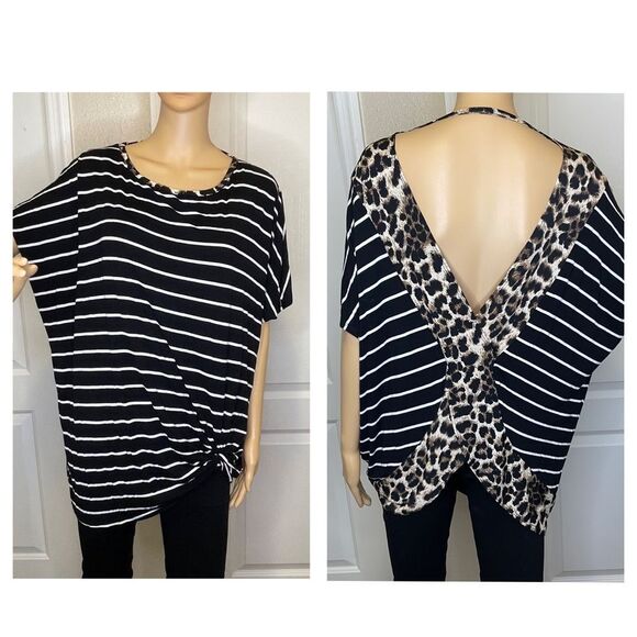 Coco Kelly Striped Blouse With Open Back Black White Leopard Detail Size 3X - Picture 2 of 11